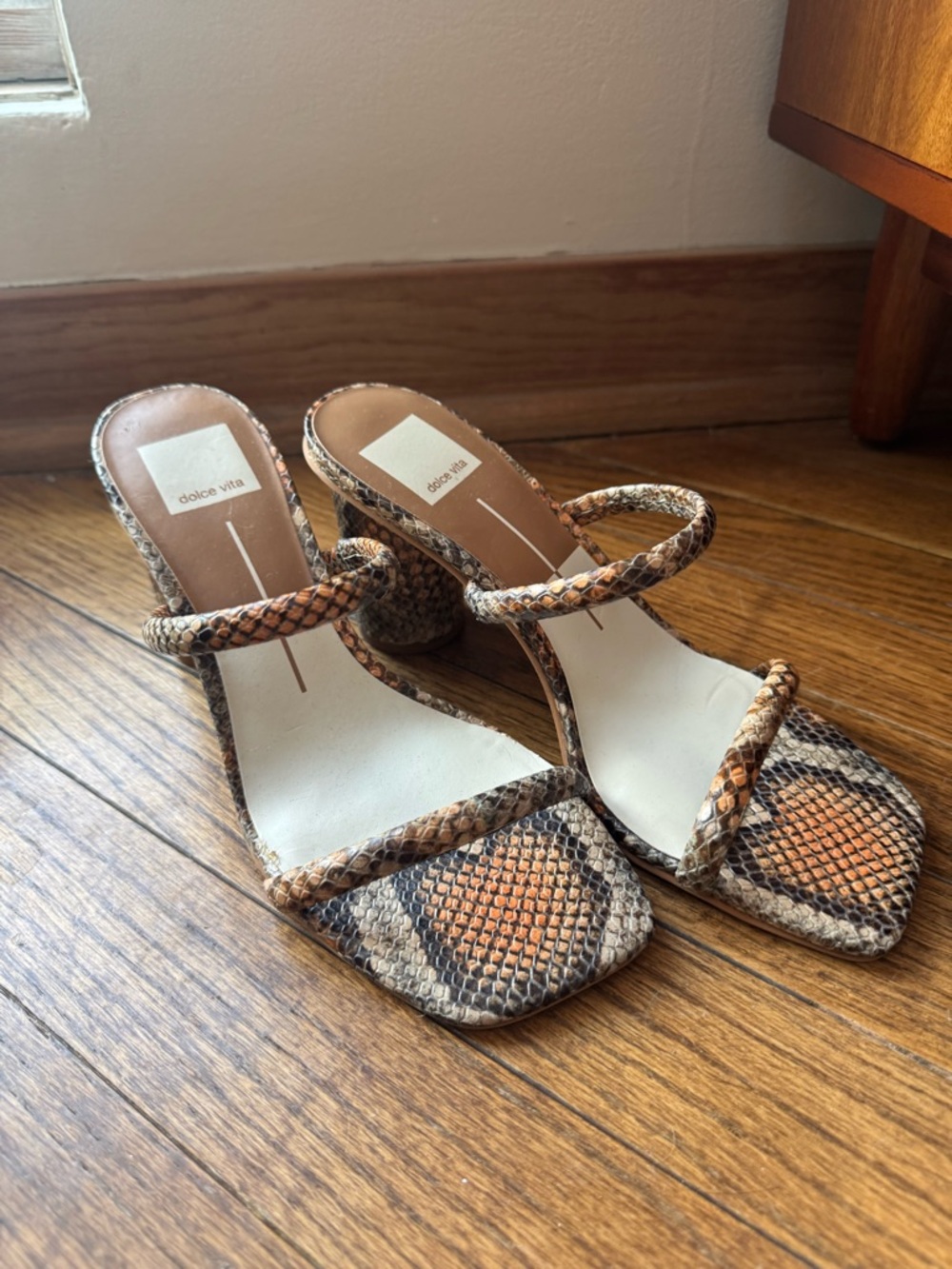 Dolce Vita Tan and Brown Snake-Print Strap Heeled Mules